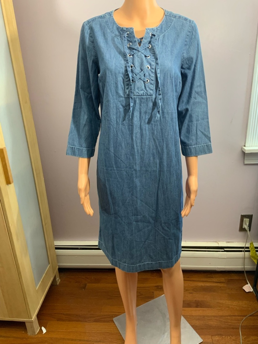Talbots Chambray Lace-Up Midi Dress - Blue